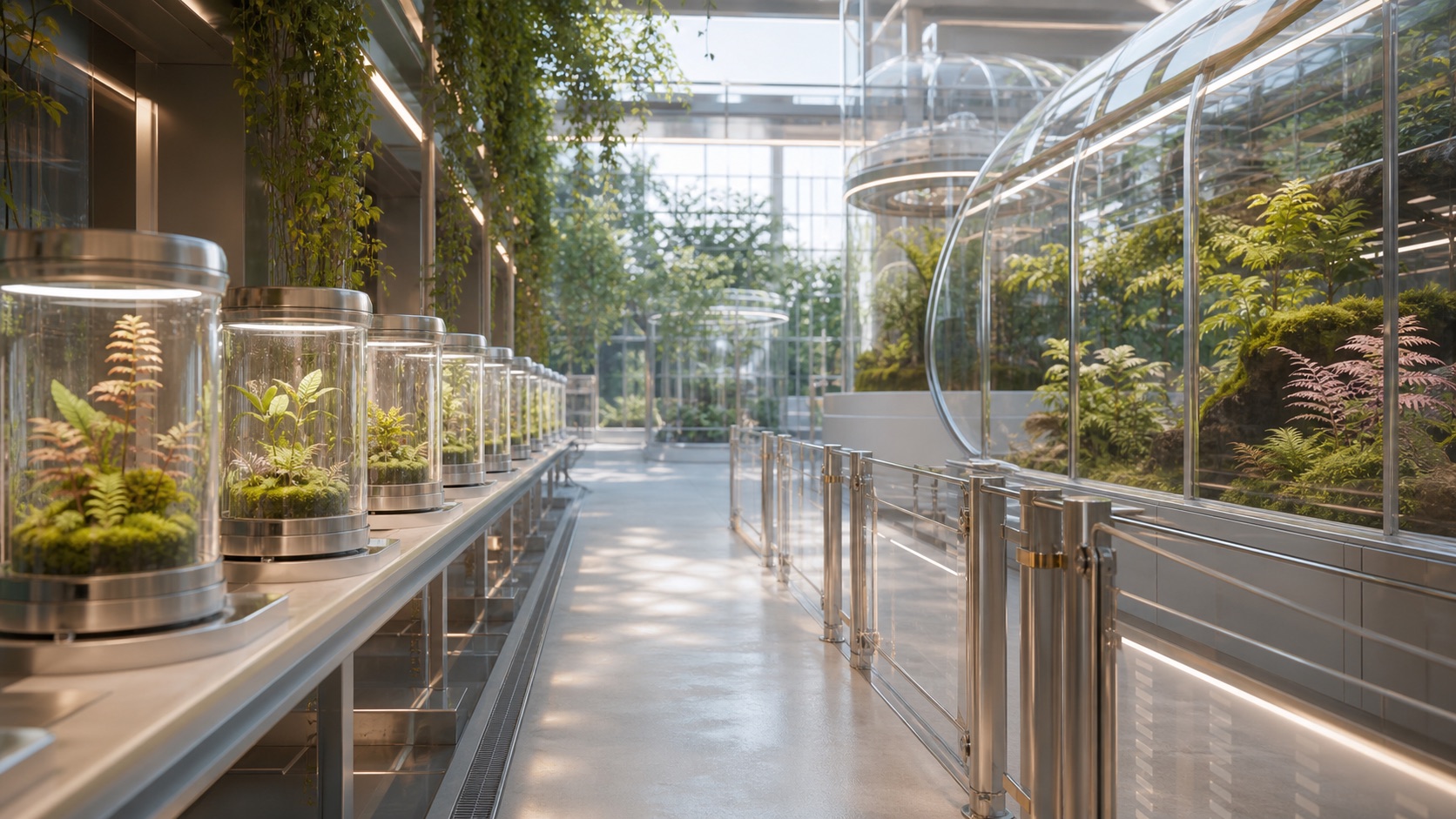 A bright biodesign greenhouse corridor with sealed living samples and transparent permit rails.