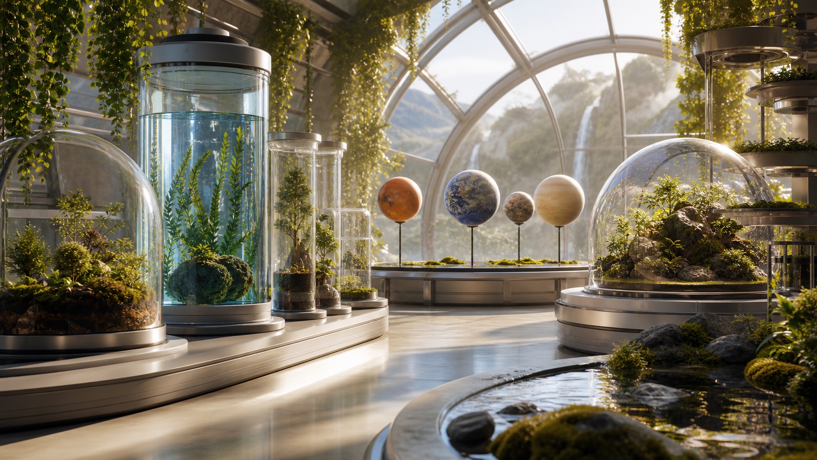 A sunlit biome vault with sealed habitat samples, water columns, and planetary comparison models.