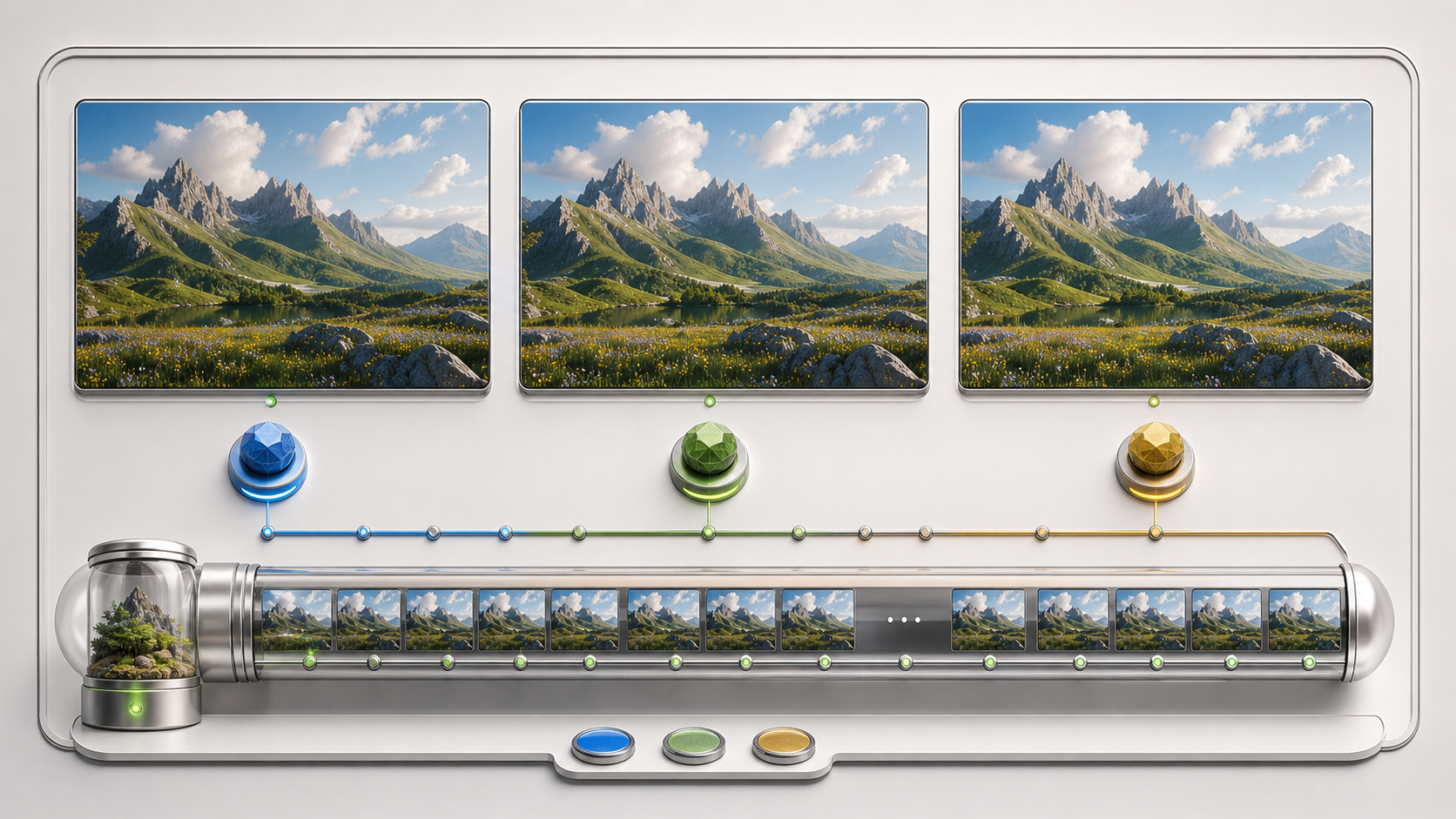 Generated images are arranged on a bright evaluation bench with seed capsules and reviewer lamps.