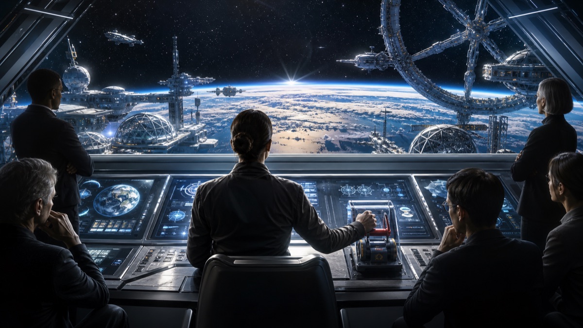 The Human Operator at Cosmic Scale editorial art for WN Magazine