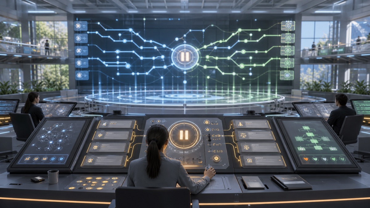 A bright AI operations room with an abstract planning field and human-scale override controls.