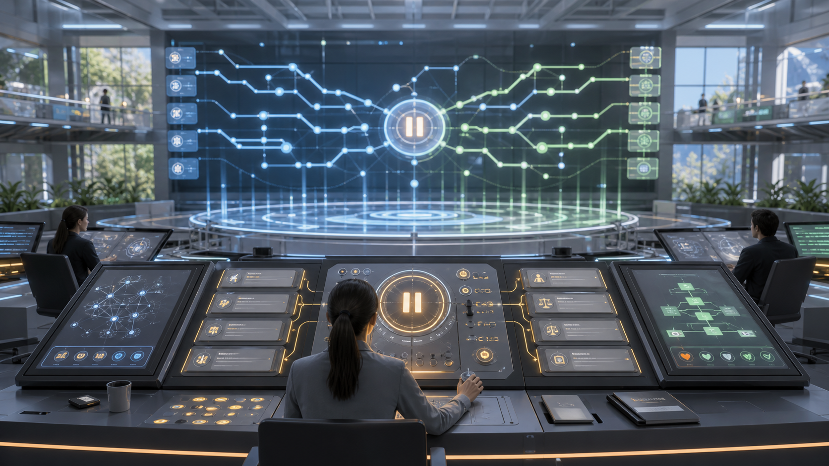 A bright AI operations room with an abstract planning field and human-scale override controls.