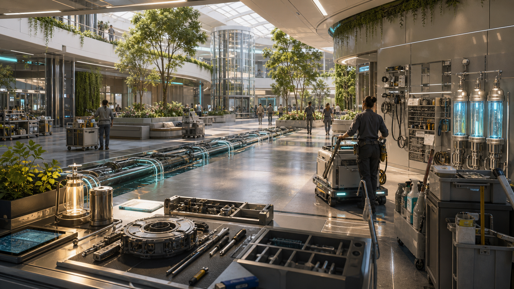 A future civic operations hall with repair benches, water loops, and maintenance counters.