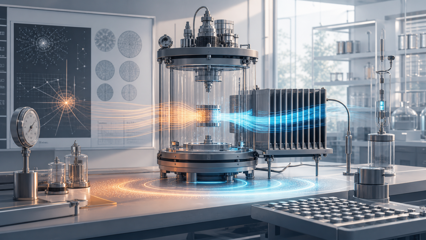 An educational vacuum-effect apparatus with heat-flow ribbons, cooling fins, and boundary indicators.