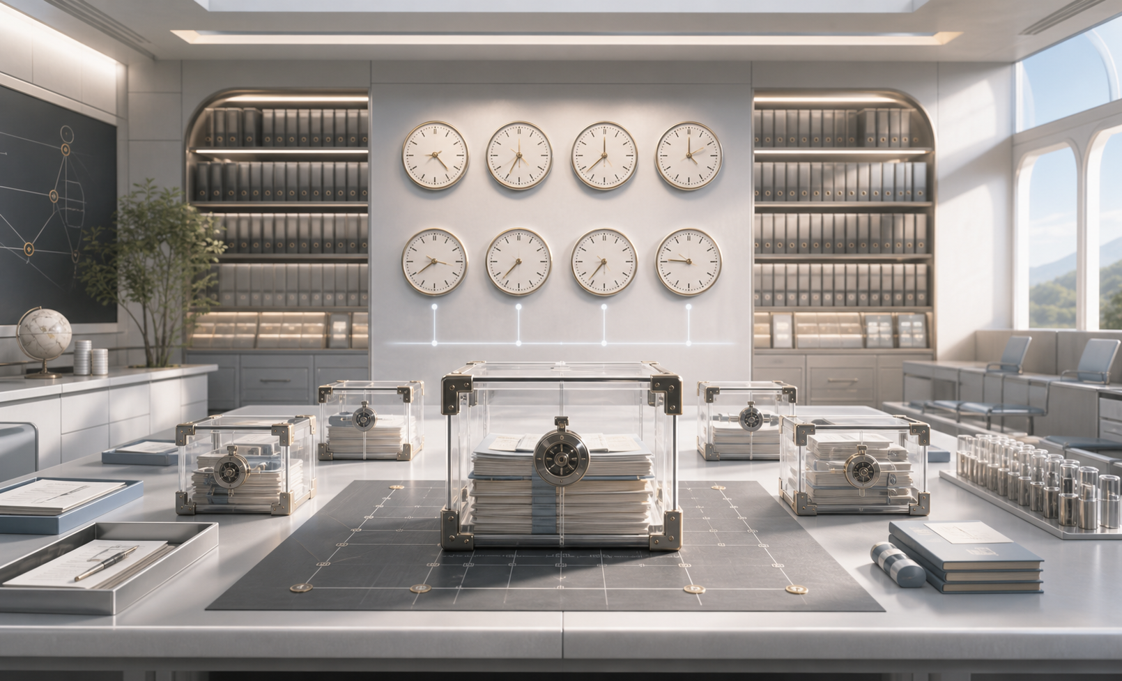 A bright archive classroom with synchronized clocks, sealed correction lockboxes, immutable shelves, and revision tables.