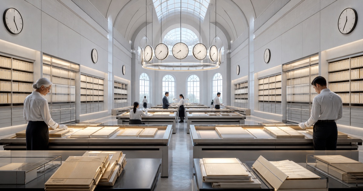 A bright temporal archive hall with version-history tables, synchronized clocks, correction witnesses, and sealed records.