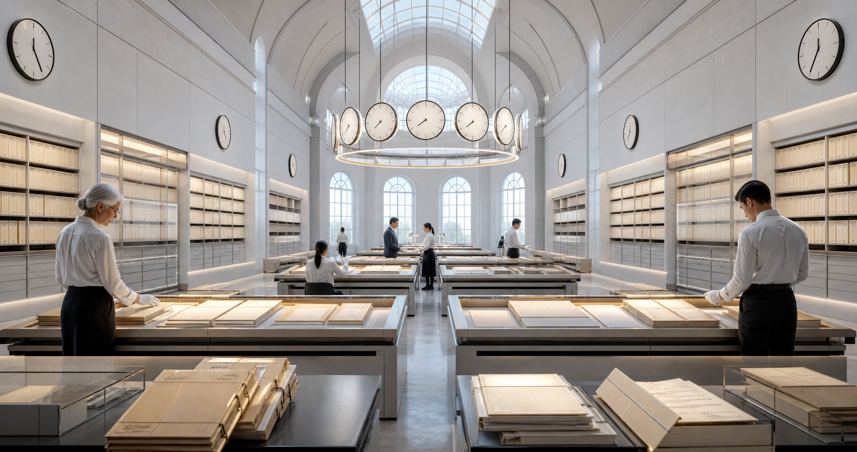 A bright temporal archive hall with version-history tables, synchronized clocks, correction witnesses, and sealed records.