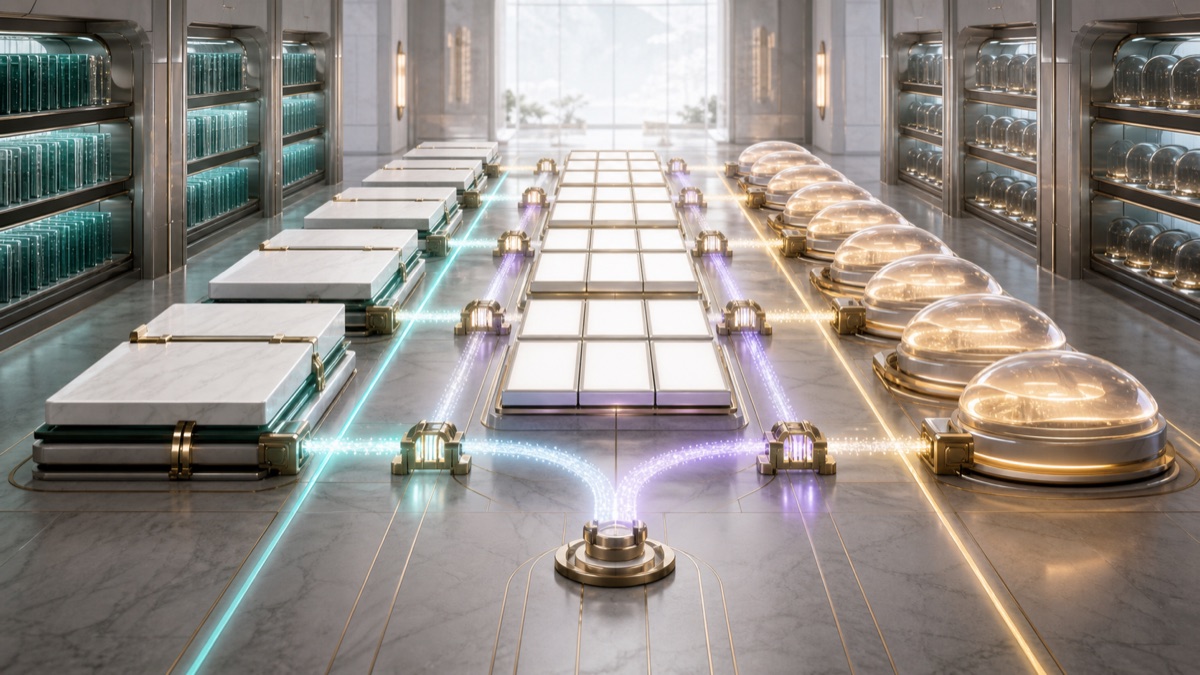 A bright archive room with three blank source lanes and revision capsules.