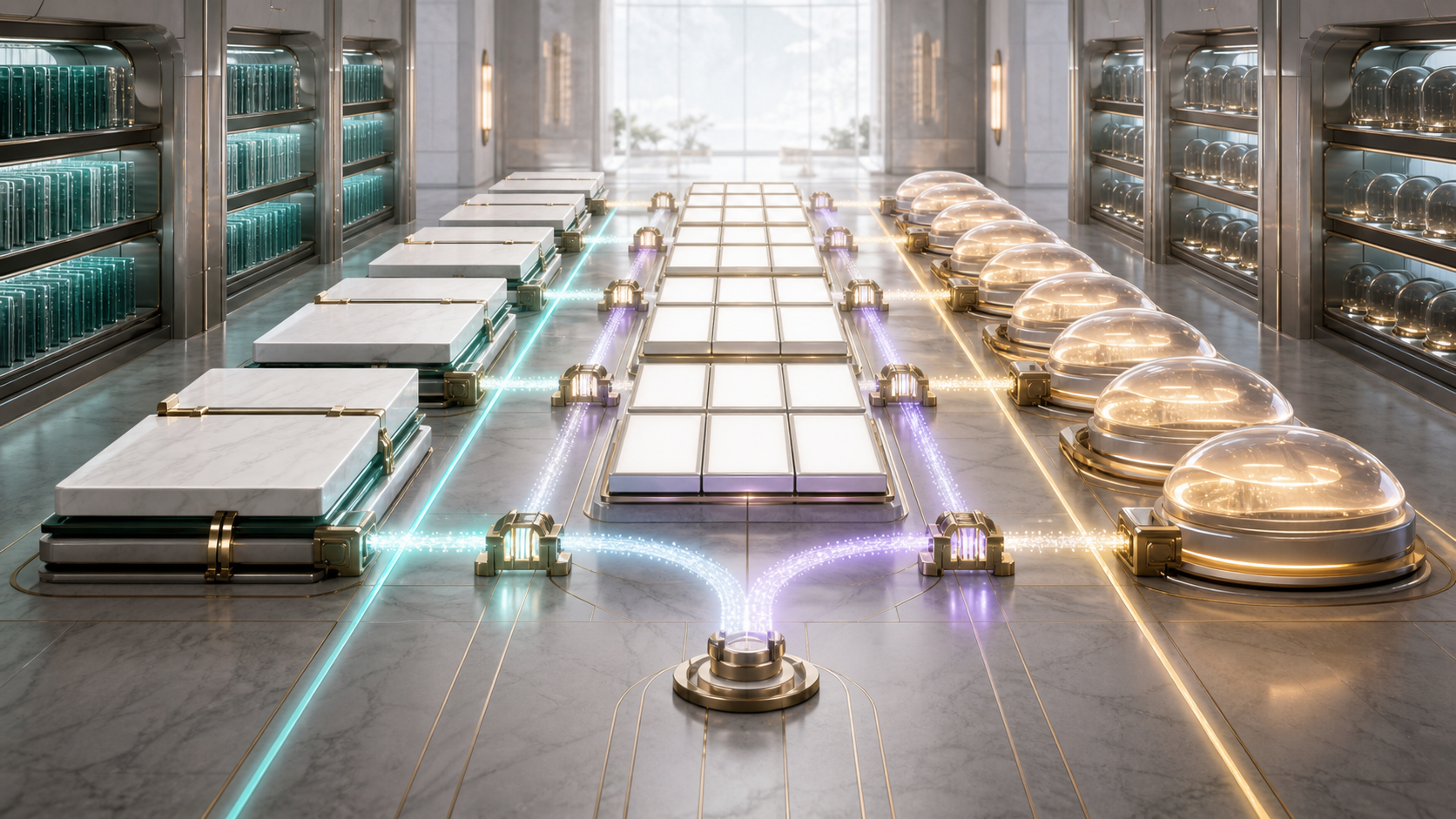 A bright archive room with three blank source lanes and revision capsules.