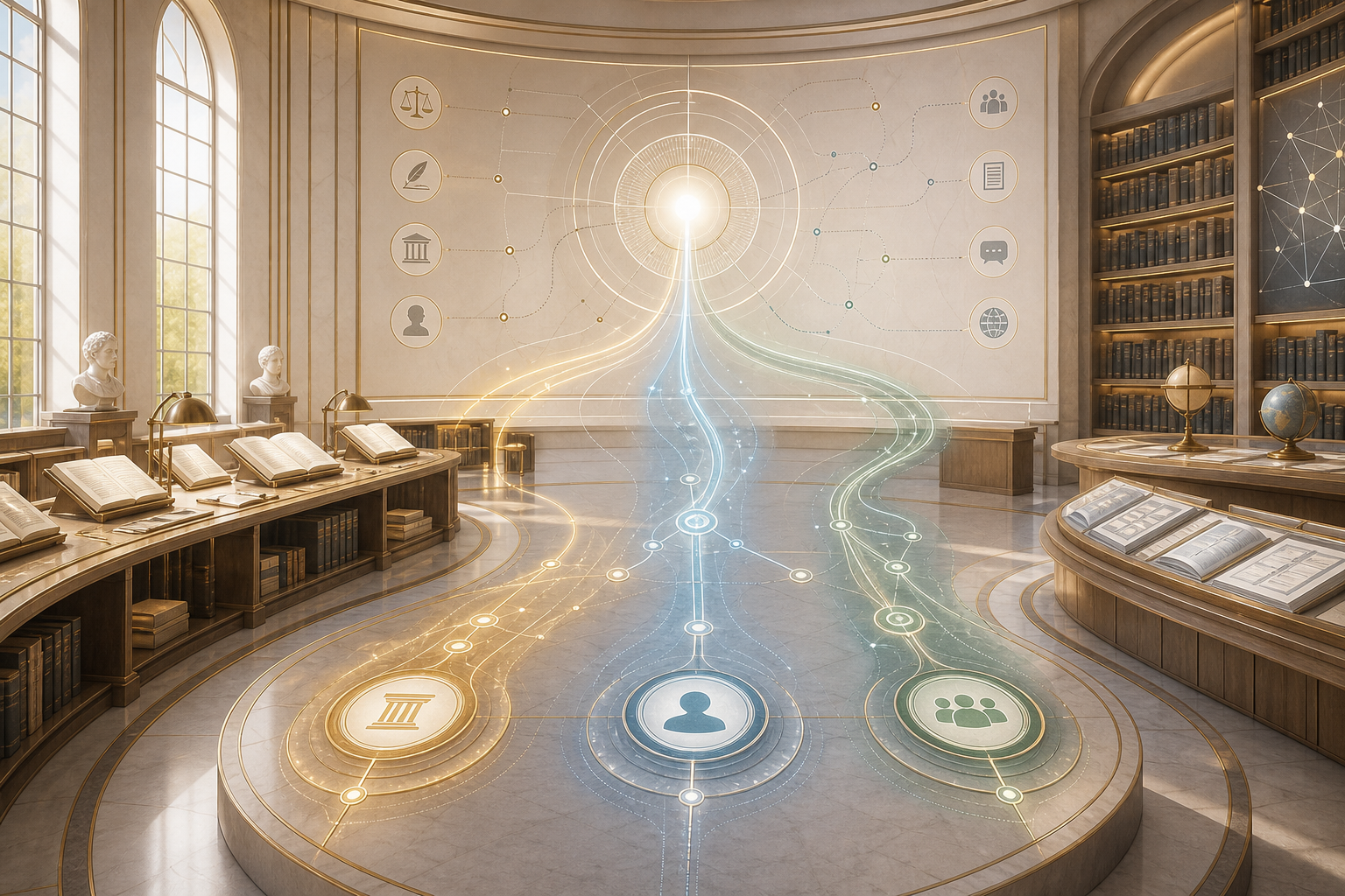 A luminous reading room with source paths, Academy desks, Encyclopedia shelves, and Magazine stations.