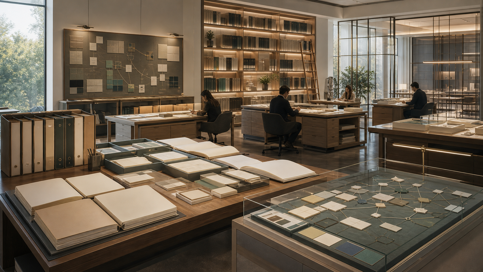 A bright editorial archive with source manuscripts as blank pages, stylebook binders, caveat trays, and public review desks.