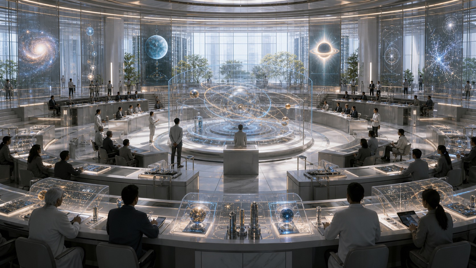 A public review chamber presenting cosmic-scale models as evidence exhibits.