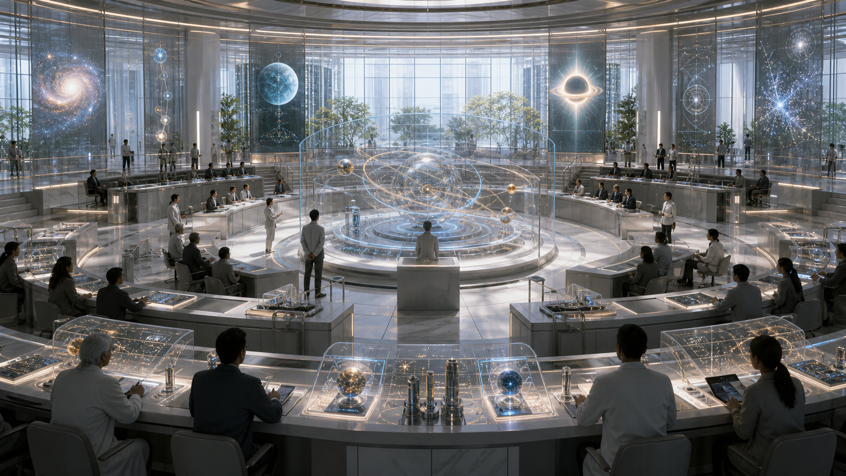 A public review chamber presenting cosmic-scale models as evidence exhibits.