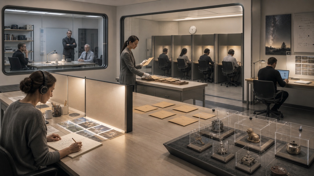 A neutral research studio with sealed target objects, randomized envelopes, and blind scoring booths.
