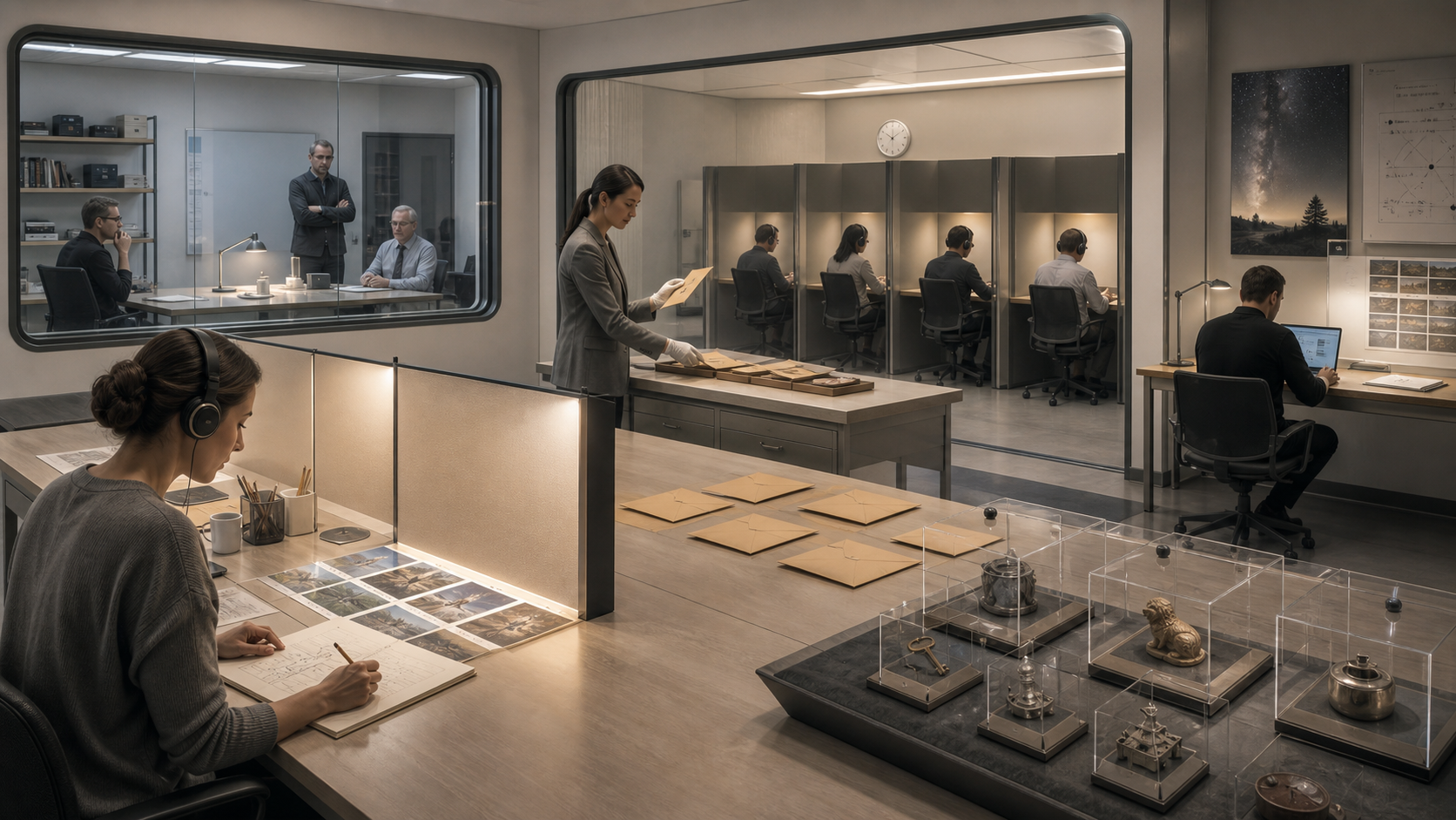 A neutral research studio with sealed target objects, randomized envelopes, and blind scoring booths.