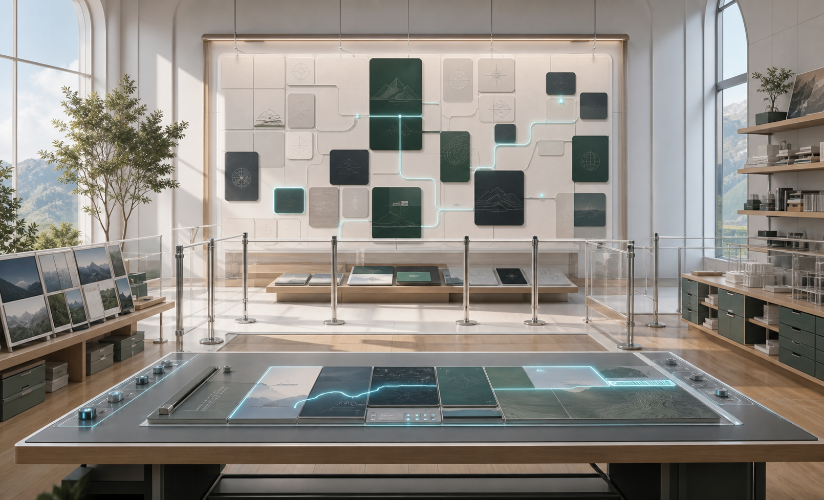 A bright frontier education planning studio with roadmap tiles, claim-fence rails, portfolio benches, and review tables.