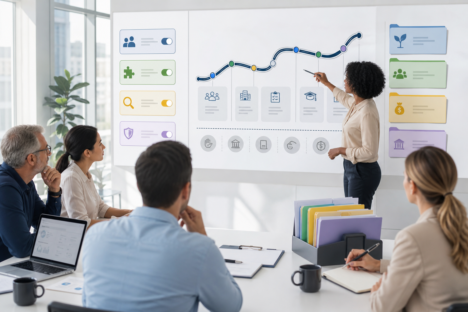 A bright White Noise University partnership review room with roadmap milestones and nonaccredited boundaries.