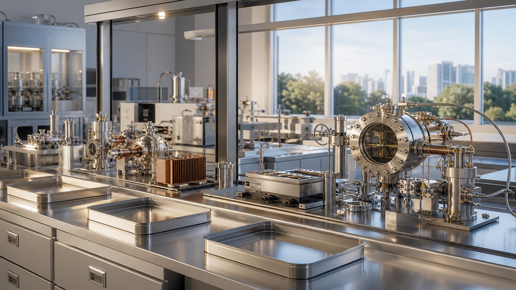 A bright physics instrument cabinet with vacuum chambers, heat sinks, and blank result trays.