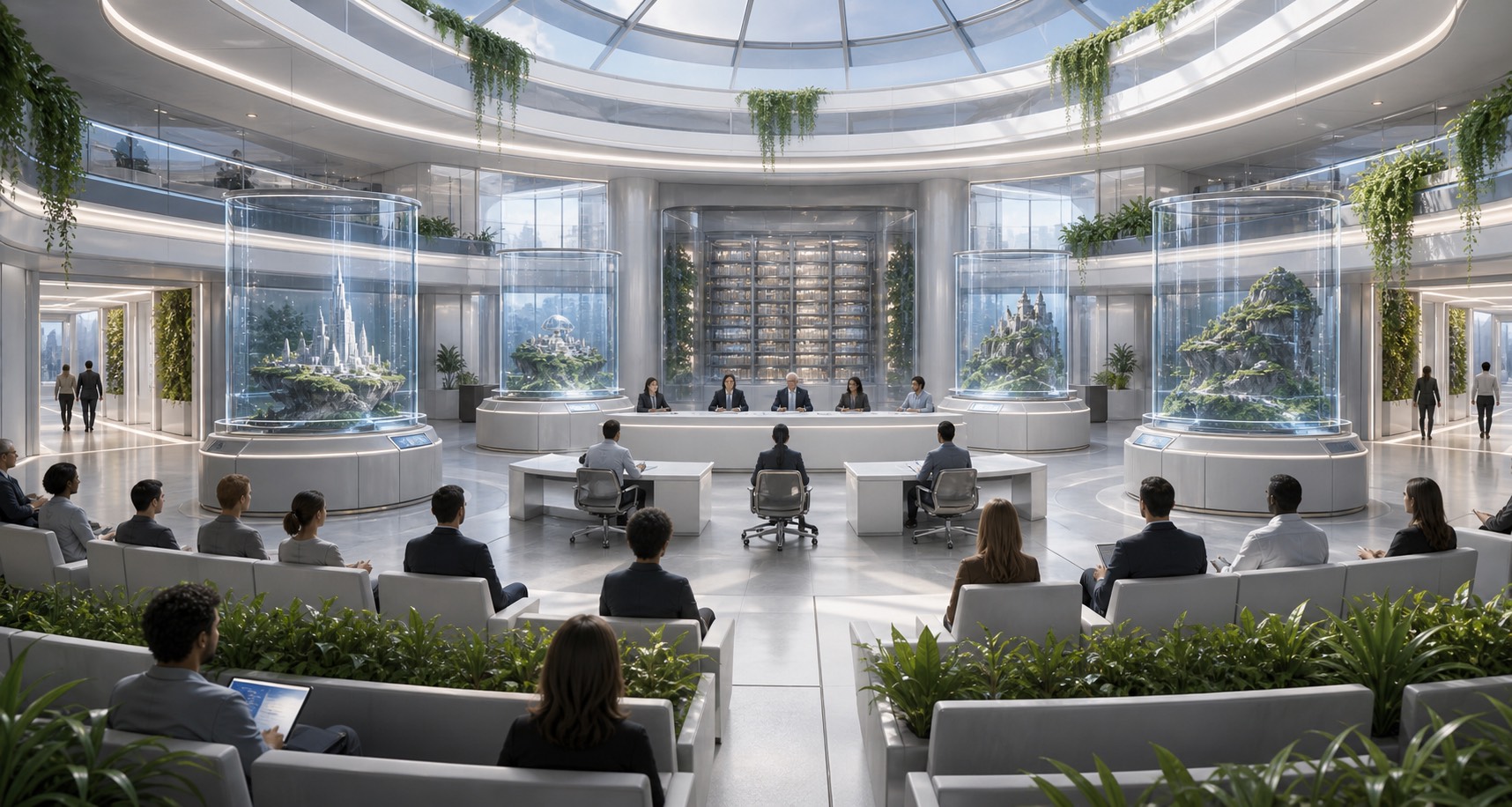 A bright worldbuilding governance room with generated world cases, appeal desks, exit corridors, and rollback archive.