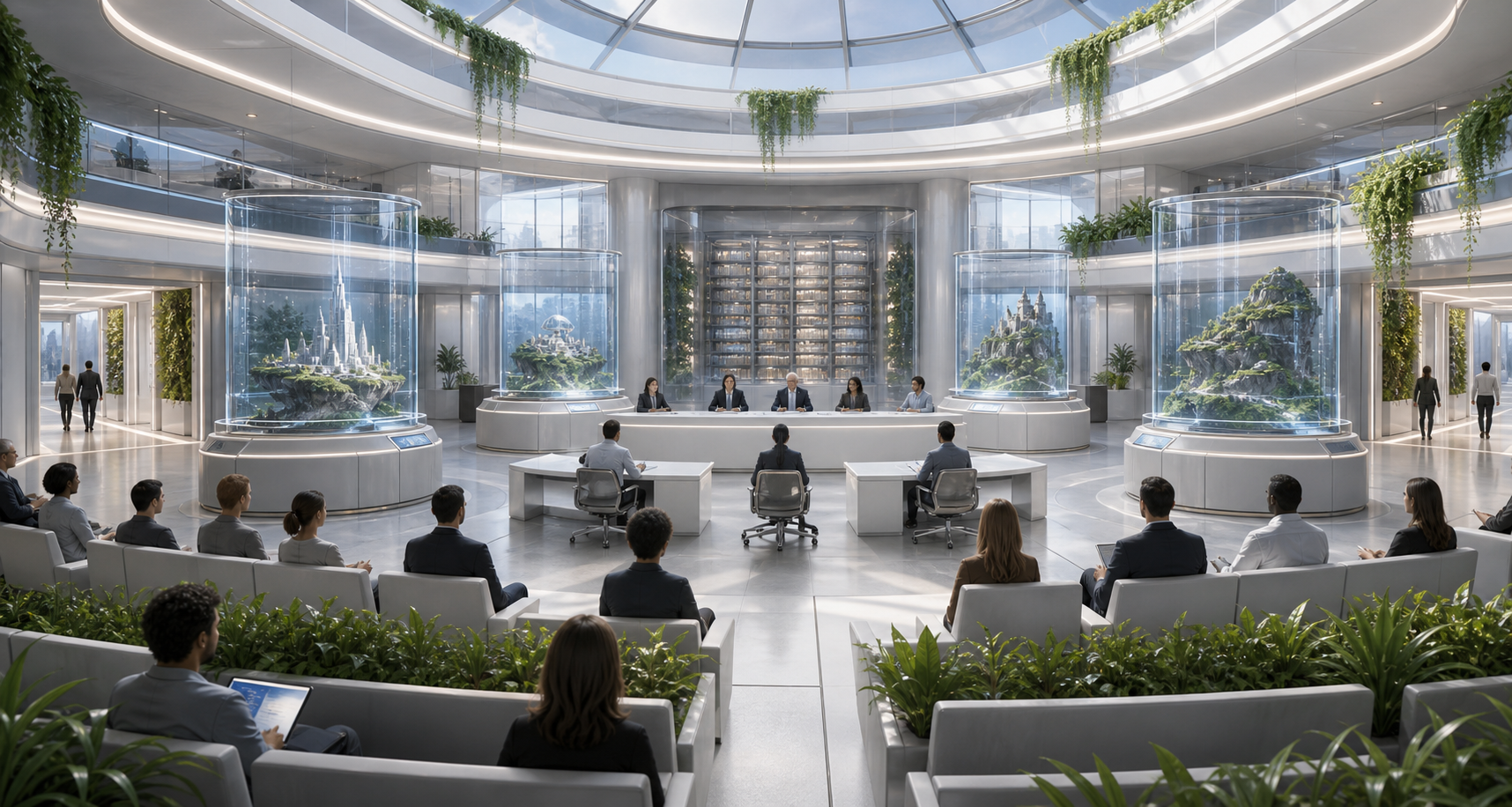 A bright worldbuilding governance room with generated world cases, appeal desks, exit corridors, and rollback archive.