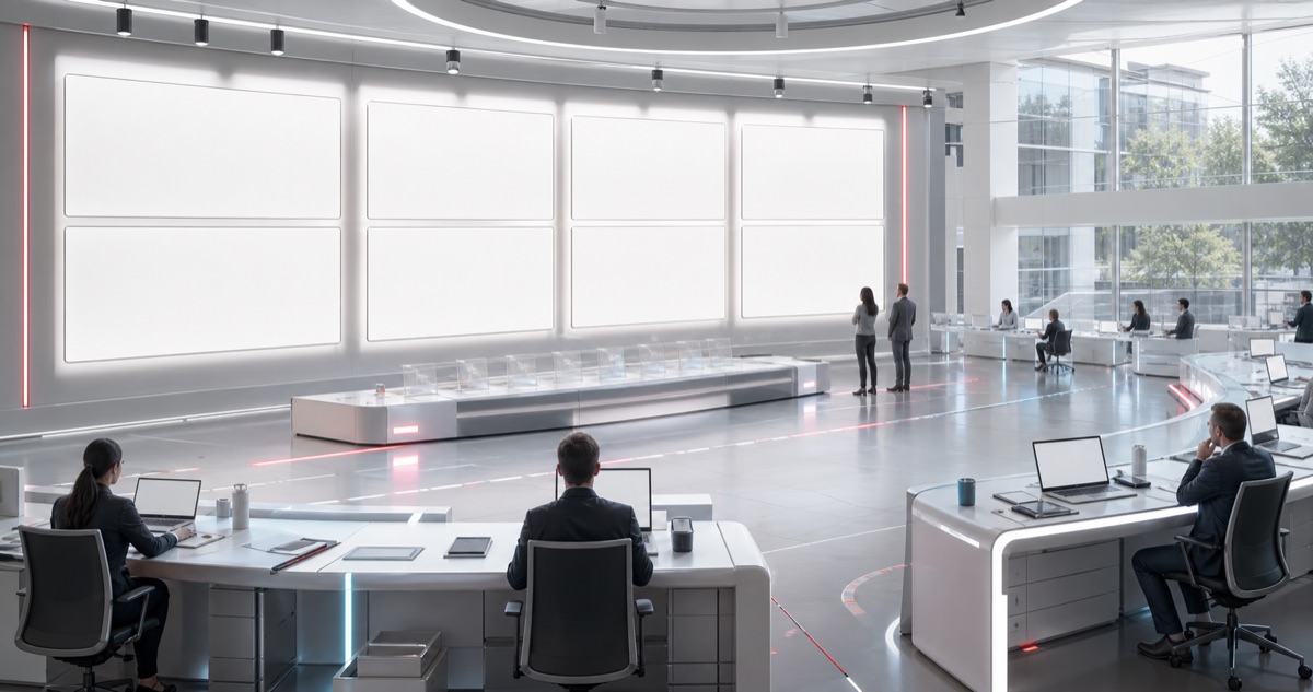 A bright visual review theater with generated panels, red-team desks, evidence rails, and boundary markers.