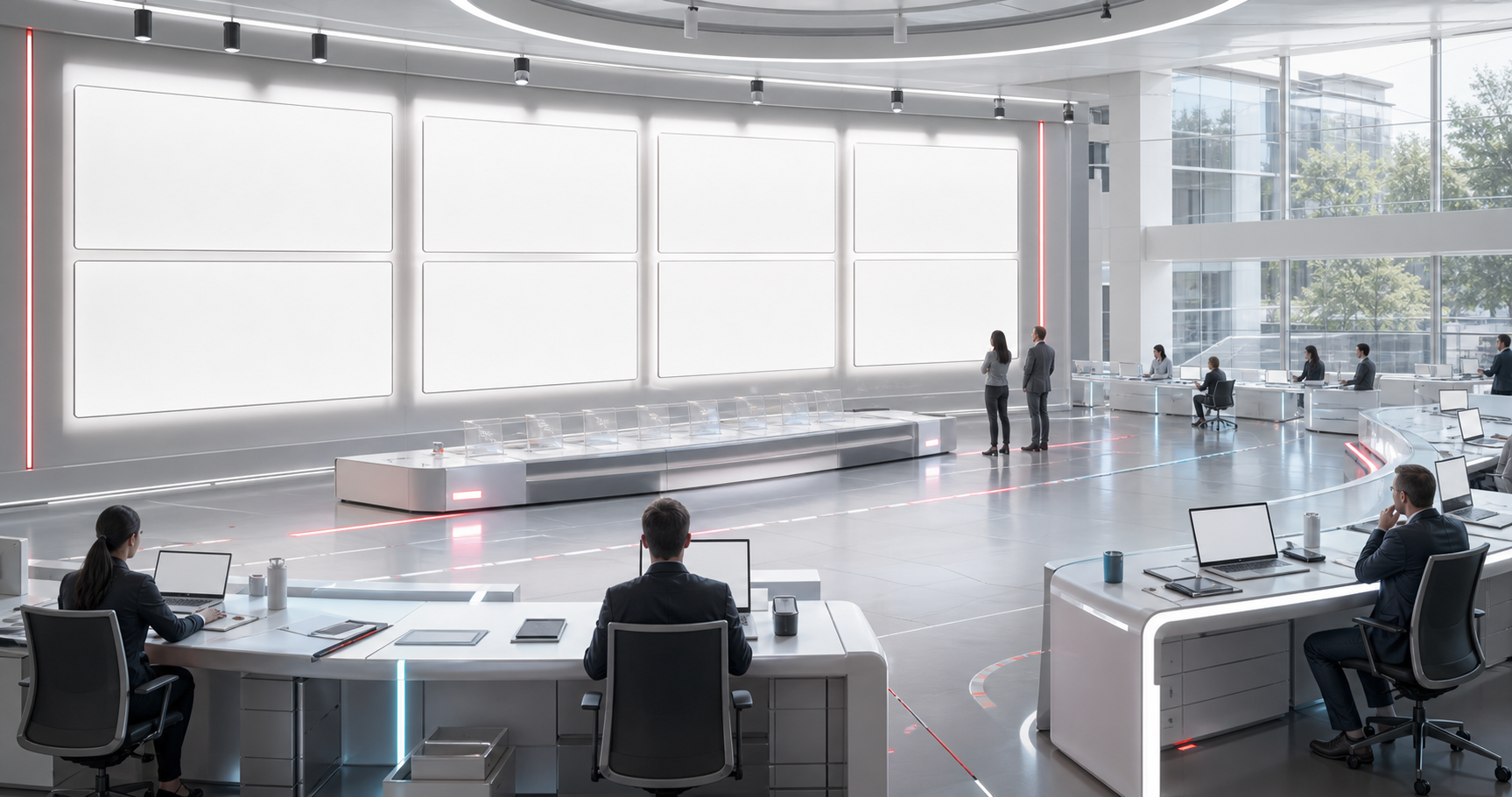 A bright visual review theater with generated panels, red-team desks, evidence rails, and boundary markers.