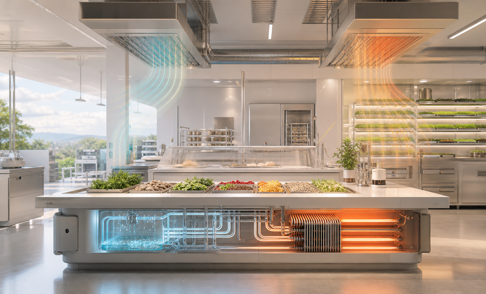 A bright abundance kitchen prototype with ingredient trays, transparent water loops, heat fins, and inspection counters.