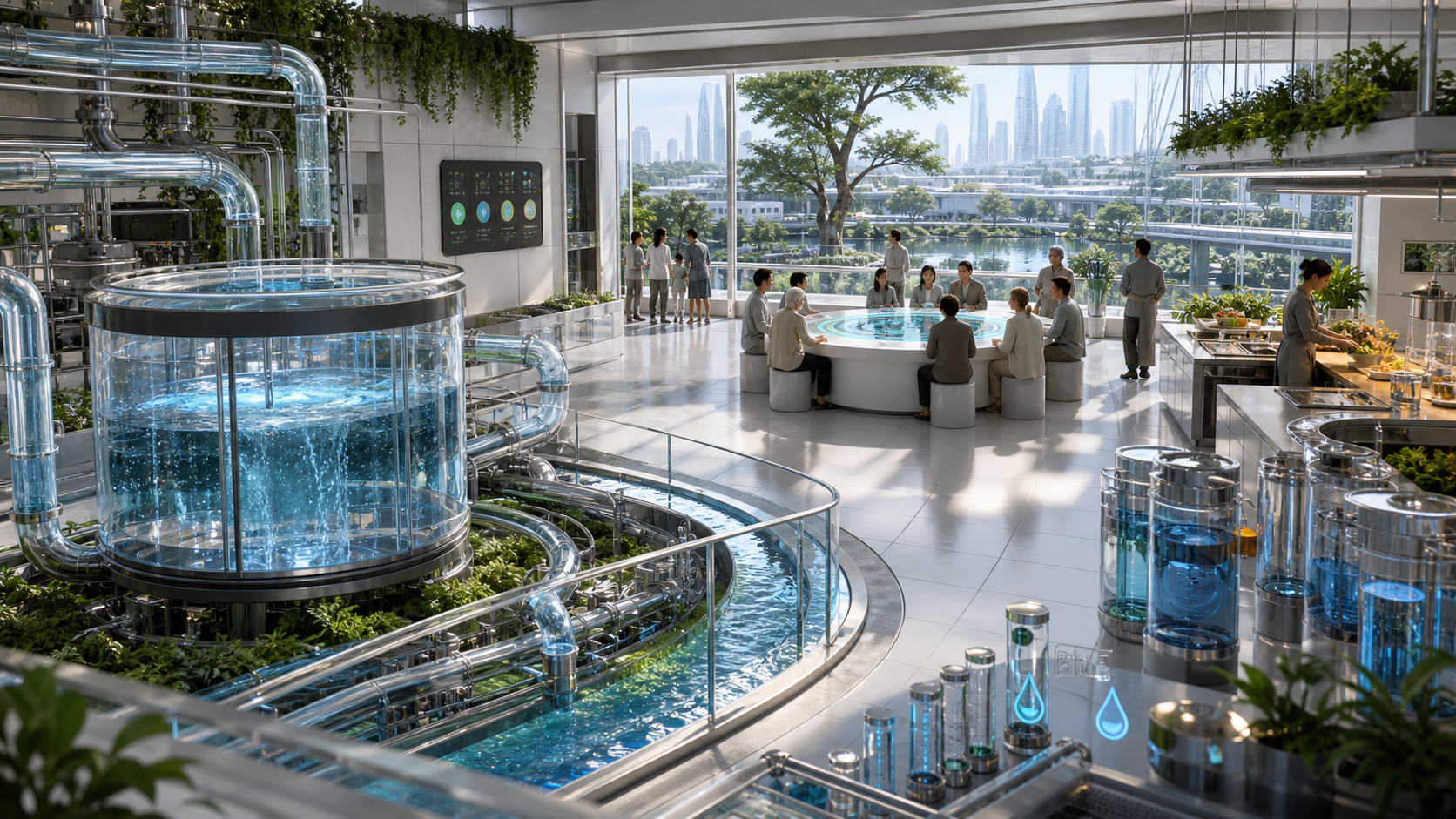 A civic water-loop facility connected to an abundance prototype and public review space.