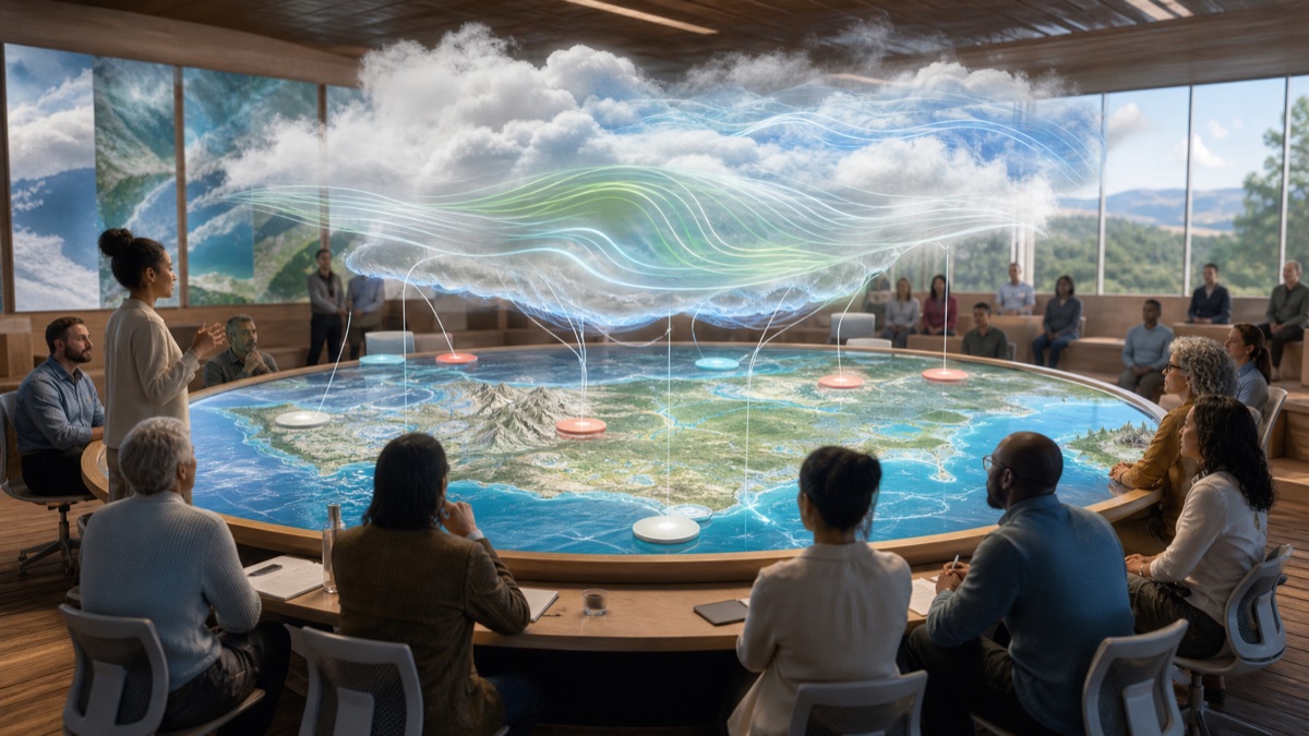 A bright climate modeling chamber with a relief map, cloud layers, and civic review seating.