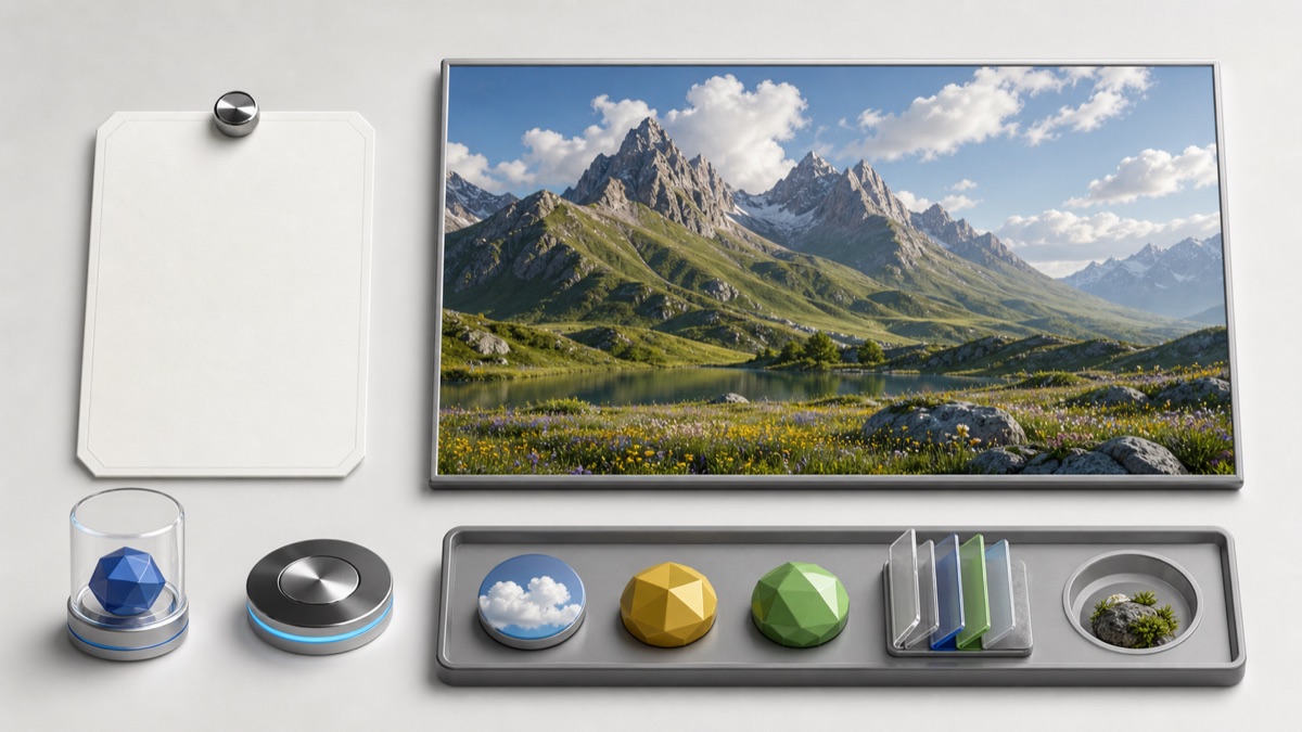 A cinematic concept image is reviewed beside measurement tools and an empty proof tray.