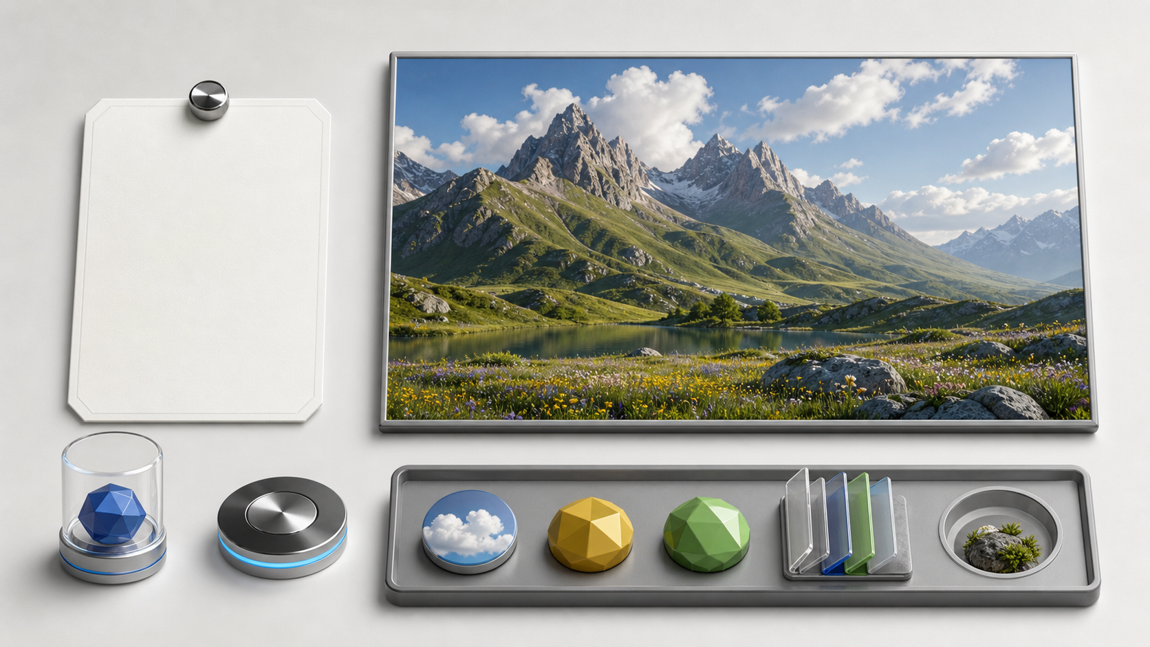A cinematic concept image is reviewed beside measurement tools and an empty proof tray.