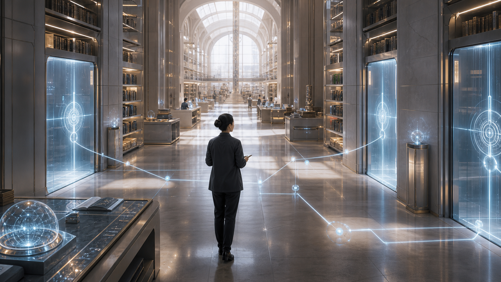An abstract reference archive where some retrieval paths close while permitted paths remain open.