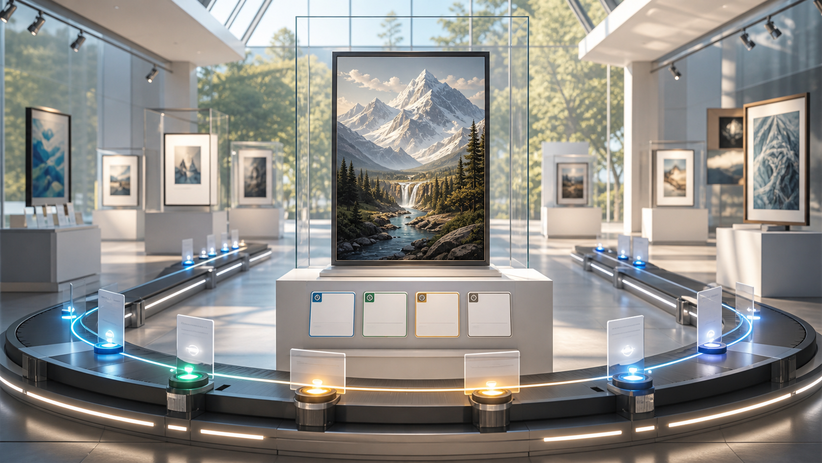 A bright evaluation gallery with rejected generated canvases stored in clear archive drawers.