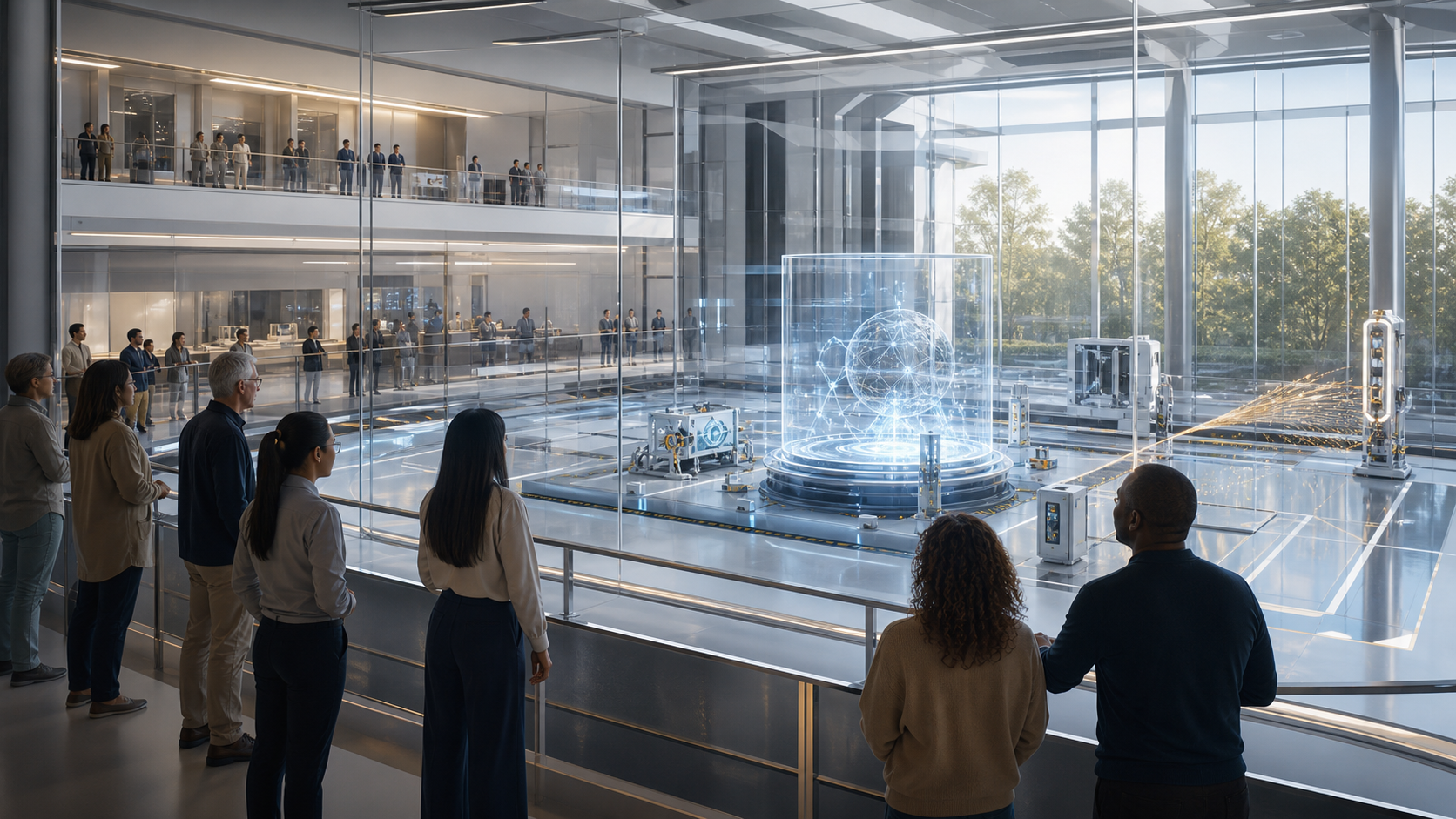 A transparent frontier lab demonstration bay with a public witness rail and observation gallery.