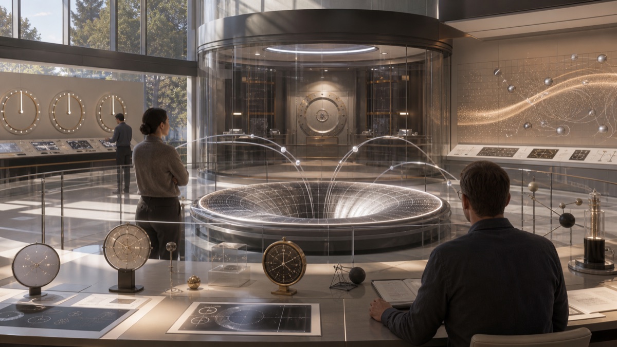 A daylight transit research gallery with a curved spacetime model, causality dials, and witness rail.
