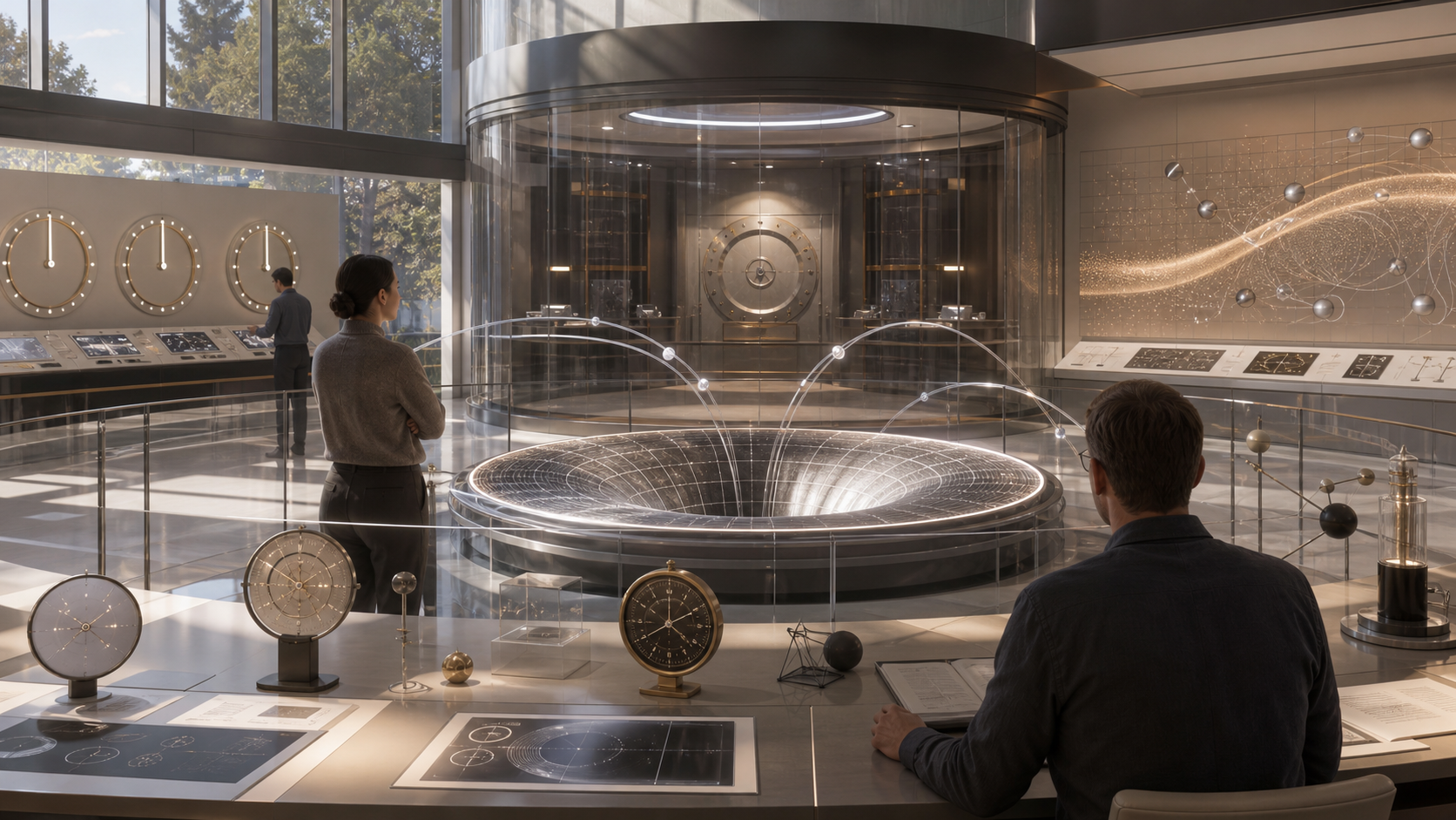 A daylight transit research gallery with a curved spacetime model, causality dials, and witness rail.