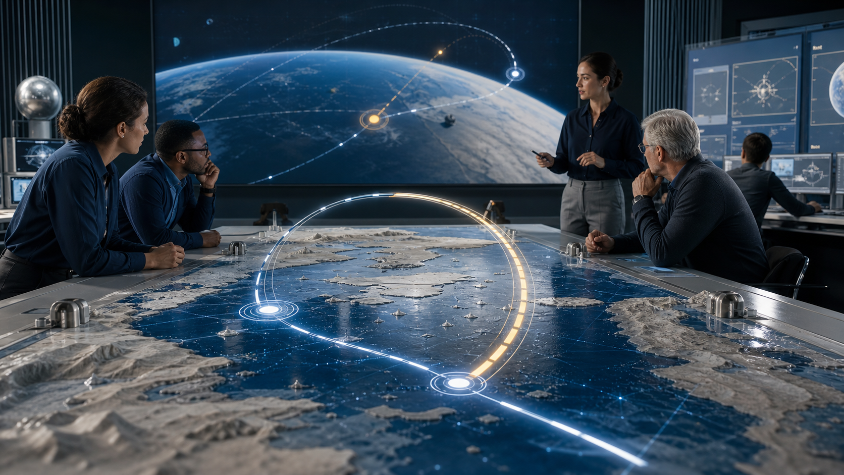 A bright aerospace planning room with return-route arcs and safety review tables.