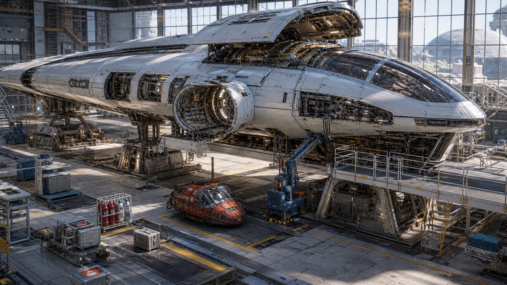 WN Spaceship Maintenance Ports editorial art for WN Magazine