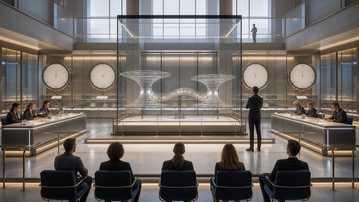 A bright physics review room with an abstract nonfunctional wormhole model, causality rails, witness seating, and review benches.