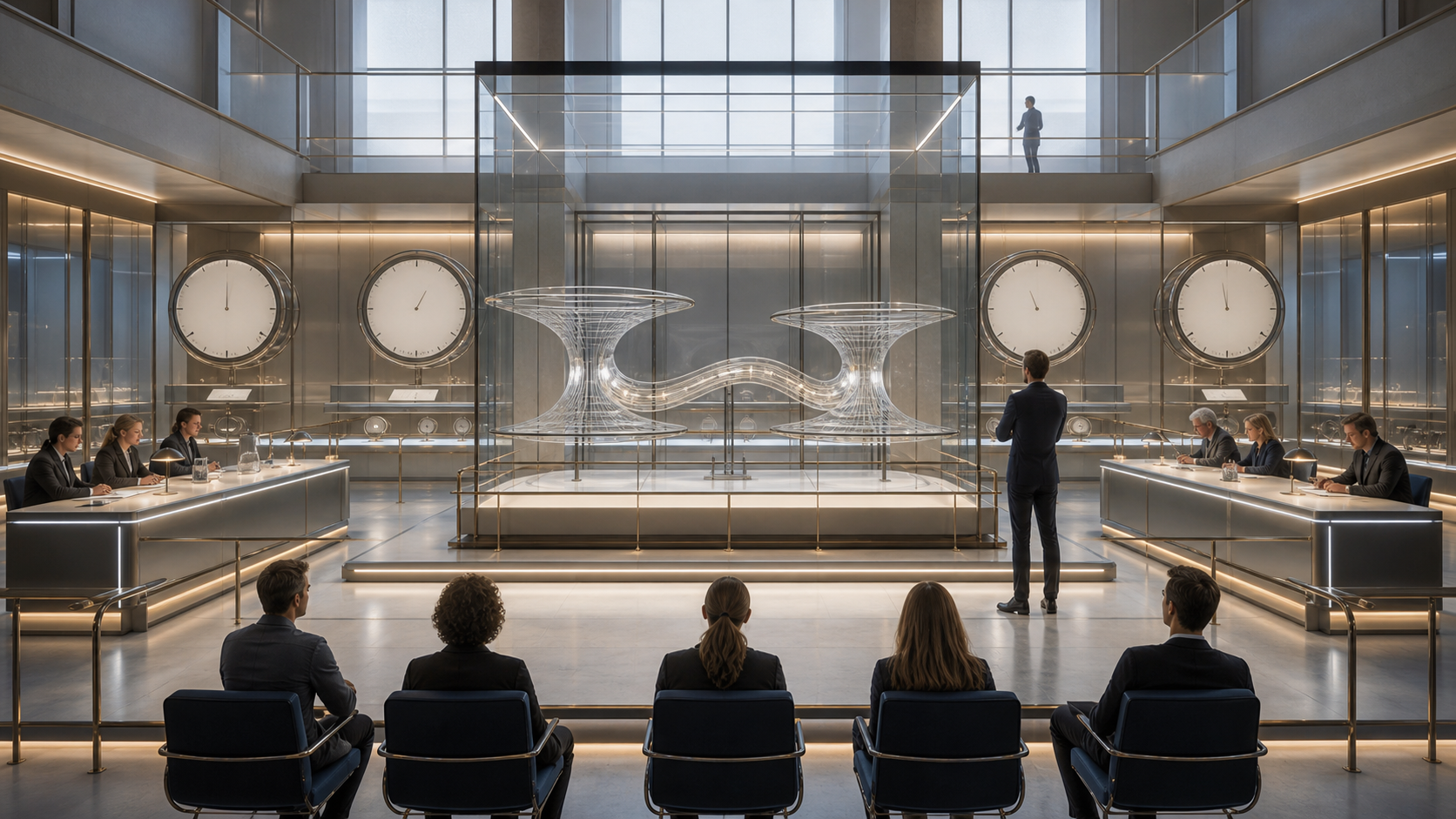 A bright physics review room with an abstract nonfunctional wormhole model, causality rails, witness seating, and review benches.