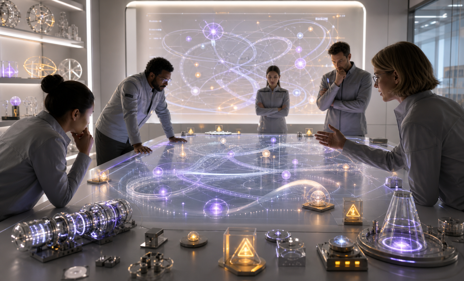 A bright physics review room with abstract wormhole maps, red-team desks, causality tokens, and energy models.