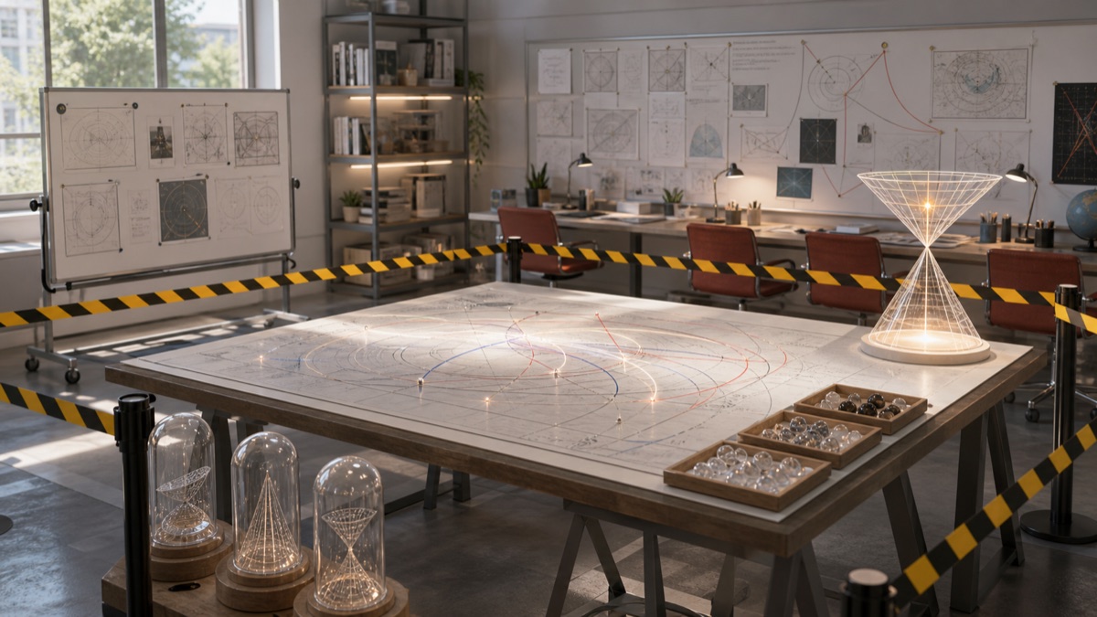 A bright physics classroom with wormhole story maps behind caution rails, light-cone models, and null trays.
