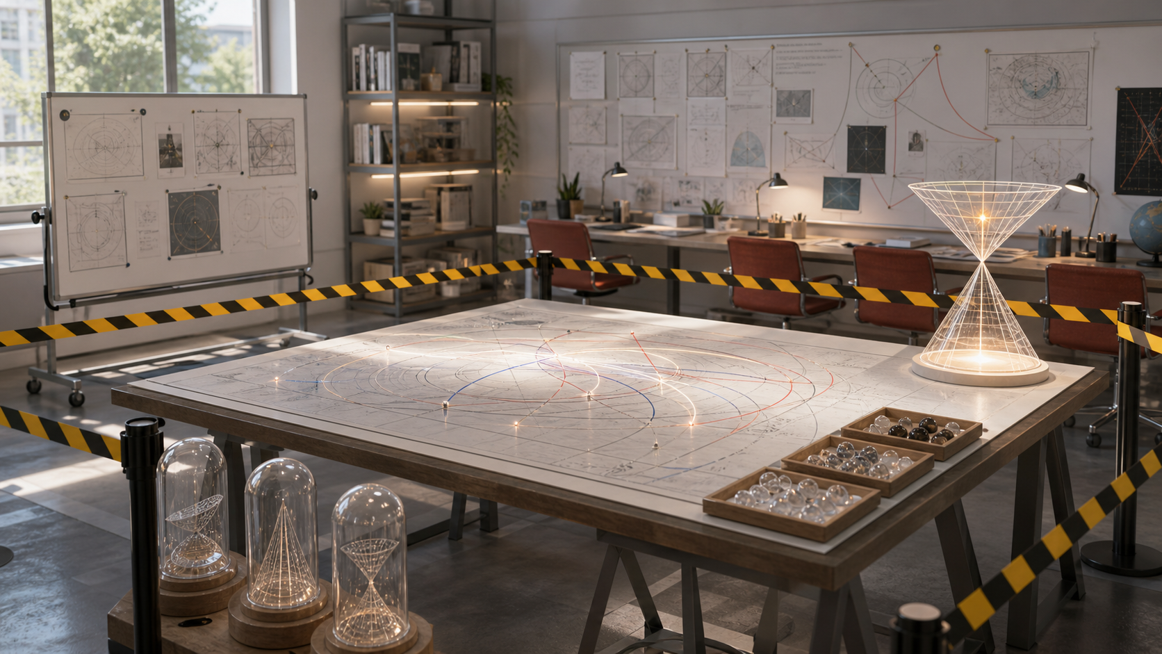 A bright physics classroom with wormhole story maps behind caution rails, light-cone models, and null trays.