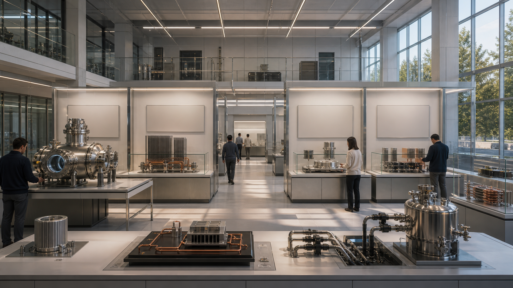 A bright physics gallery with vacuum chamber models, heat sinks, null-result bays, cooling loops, and reviewer benches.