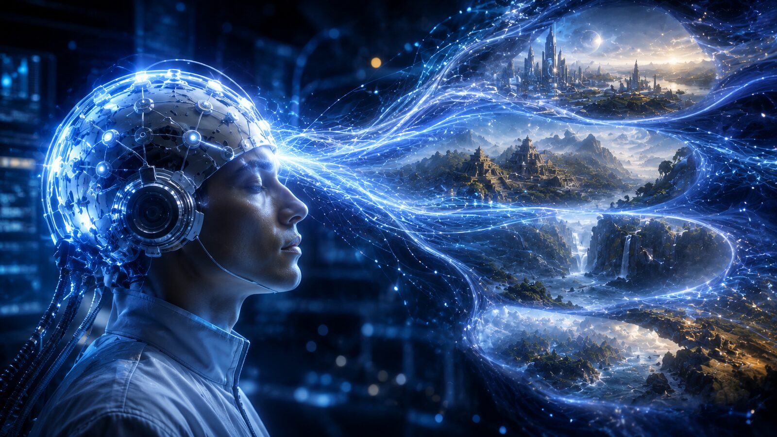 A person wearing a neural headset, thought patterns coupling directly to a quantum processor