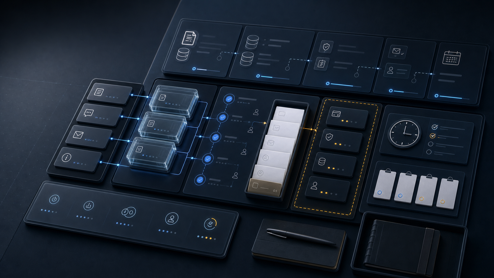AI-generated abstract White Noise data-handling review console with local storage, vendor boundary, request routing, retention, and board review surfaces