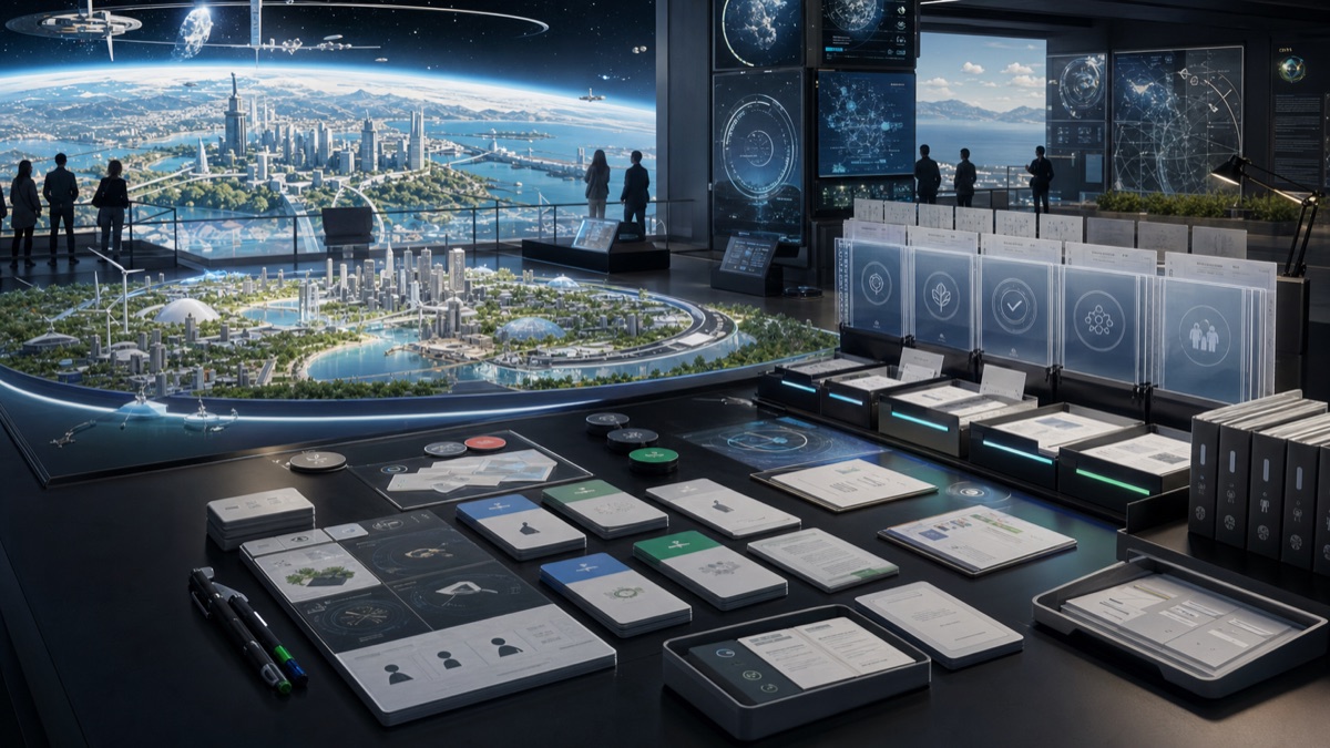 AI-generated Project Utopia public pilot room with citizen witness tabs, consent checkpoints, scenario models, risk ledgers, review gates, and a future city tabletop model