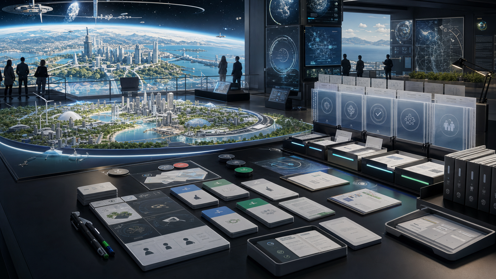 AI-generated Project Utopia public pilot room with citizen witness tabs, consent checkpoints, scenario models, risk ledgers, review gates, and a future city tabletop model