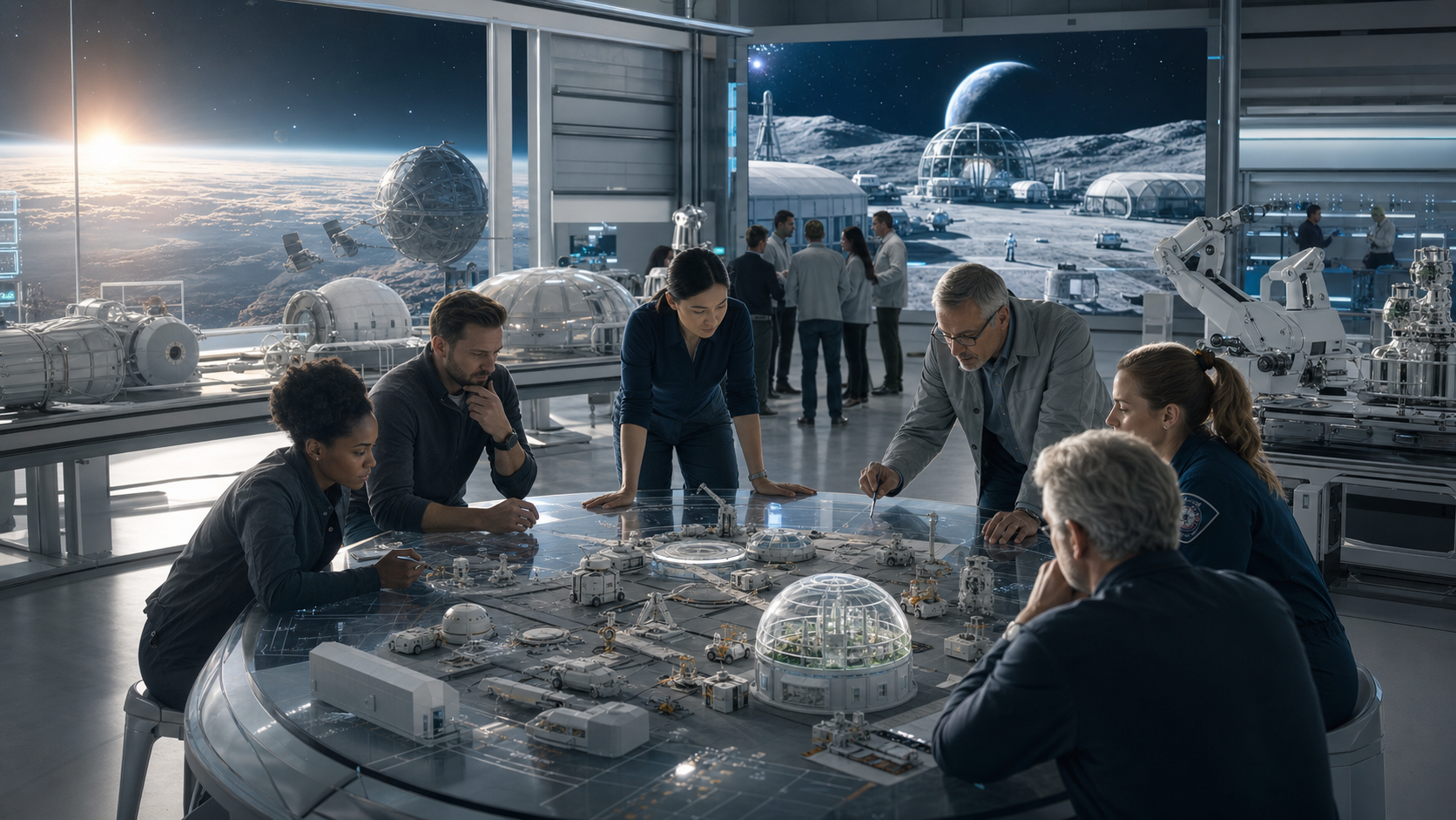 AI-generated editorial image of a peaceful aerospace settlement R&D mission design room for a Public Letter to aerospace companies