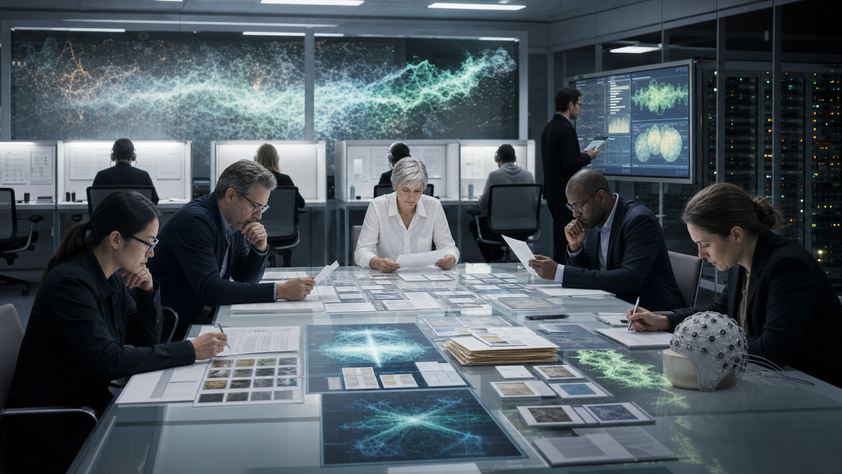 AI-generated editorial image of a rigorous anomalous-cognition evidence review room for a Public Letter to Alphabet and DeepMind